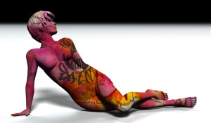 Image created in Strata 3D Design,Poser and Graffiti piece done with Prismacolor marker on paper and applied as texture in Strata